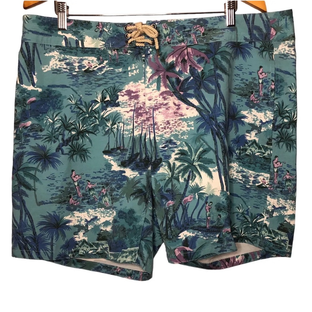 Faherty Board Shorts Swim Trunk Mens 38 Tropical Hawaiian Hulu Palm Purple Blue